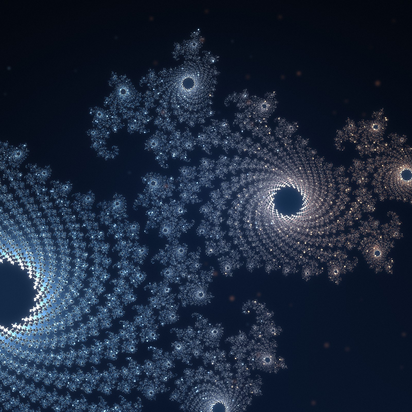 Fractal spiral of luminous points in blue and amber